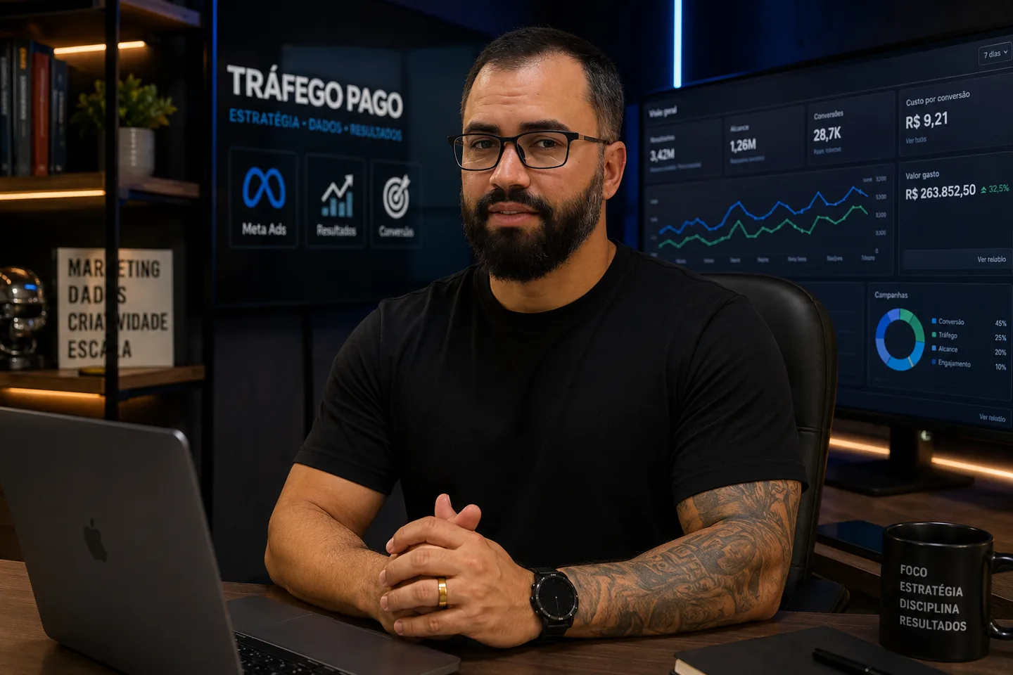 João Victor, gestor de tráfego pago, em sua mesa de trabalho em Recife